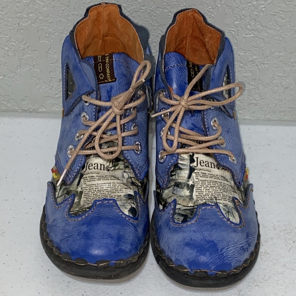 TMA EYES Distressed Blue Leather Newspaper Cutout Shoes Ankle Boots Booties 9.5 - Picture 5 of 8